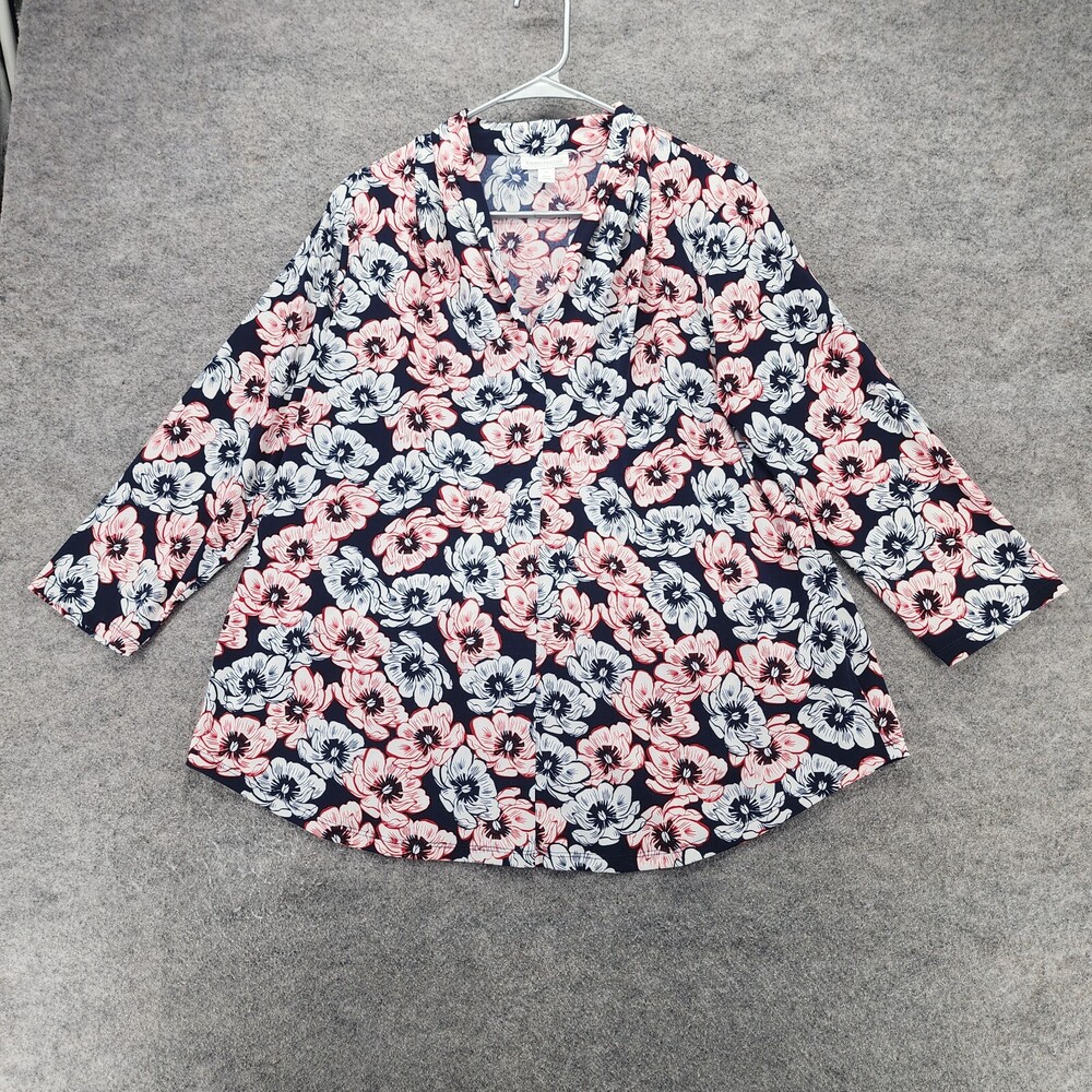 Charter Club Shirt Womens 0X 3/4 Sleeve V Neck Blue Floral